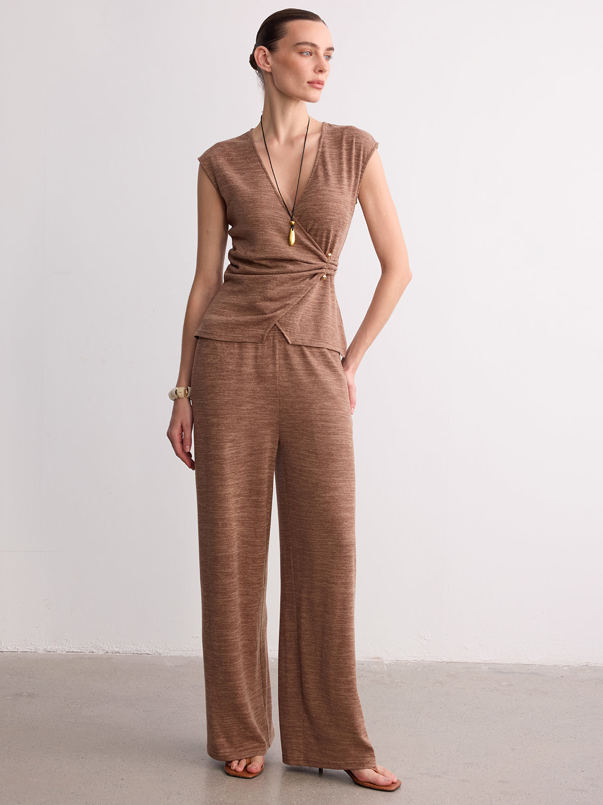 Wrap-Front Sleeveless Knit Top & Pants Set for Casual Wear