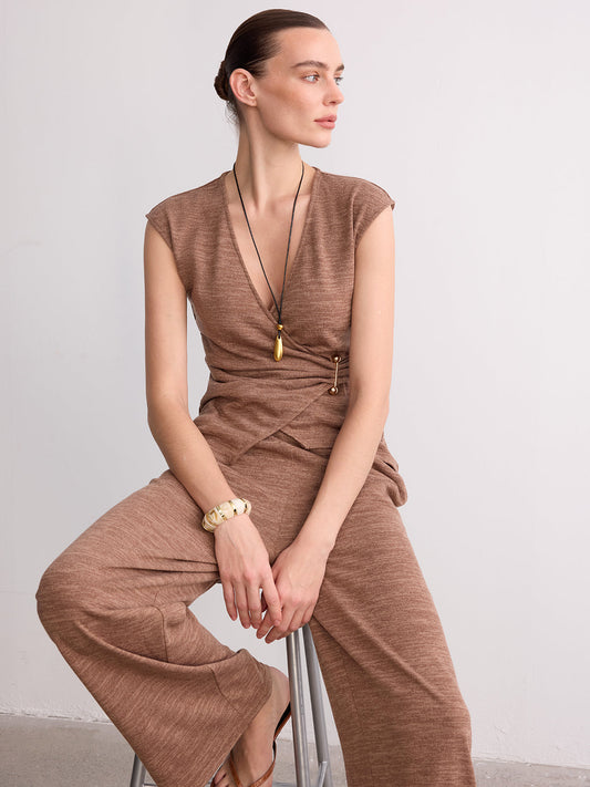 Wrap-Front Sleeveless Knit Top & Pants Set for Casual Wear