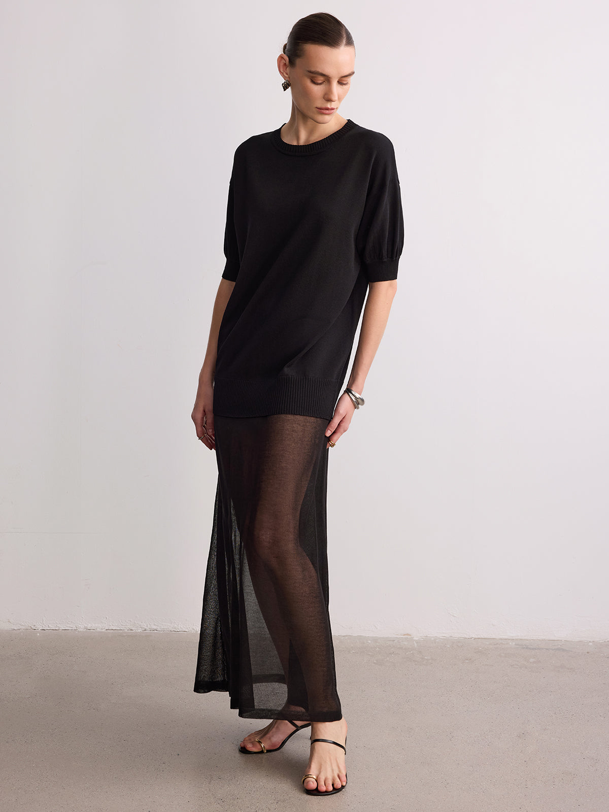 Short Sleeve Sheer Hem Knit Maxi Dress for Women, Elegant Full-Length