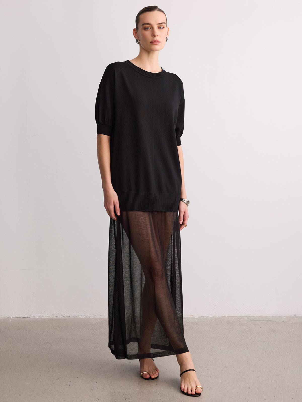Short Sleeve Sheer Hem Knit Maxi Dress for Women, Elegant Full-Length