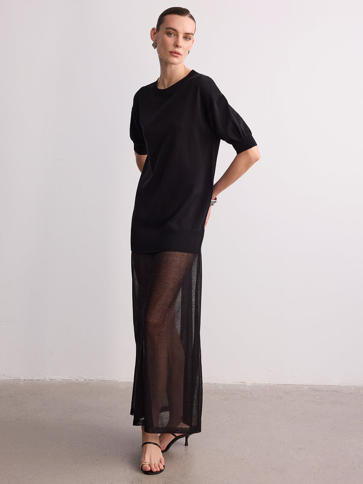 Short Sleeve Sheer Hem Knit Maxi Dress for Women, Elegant Full-Length
