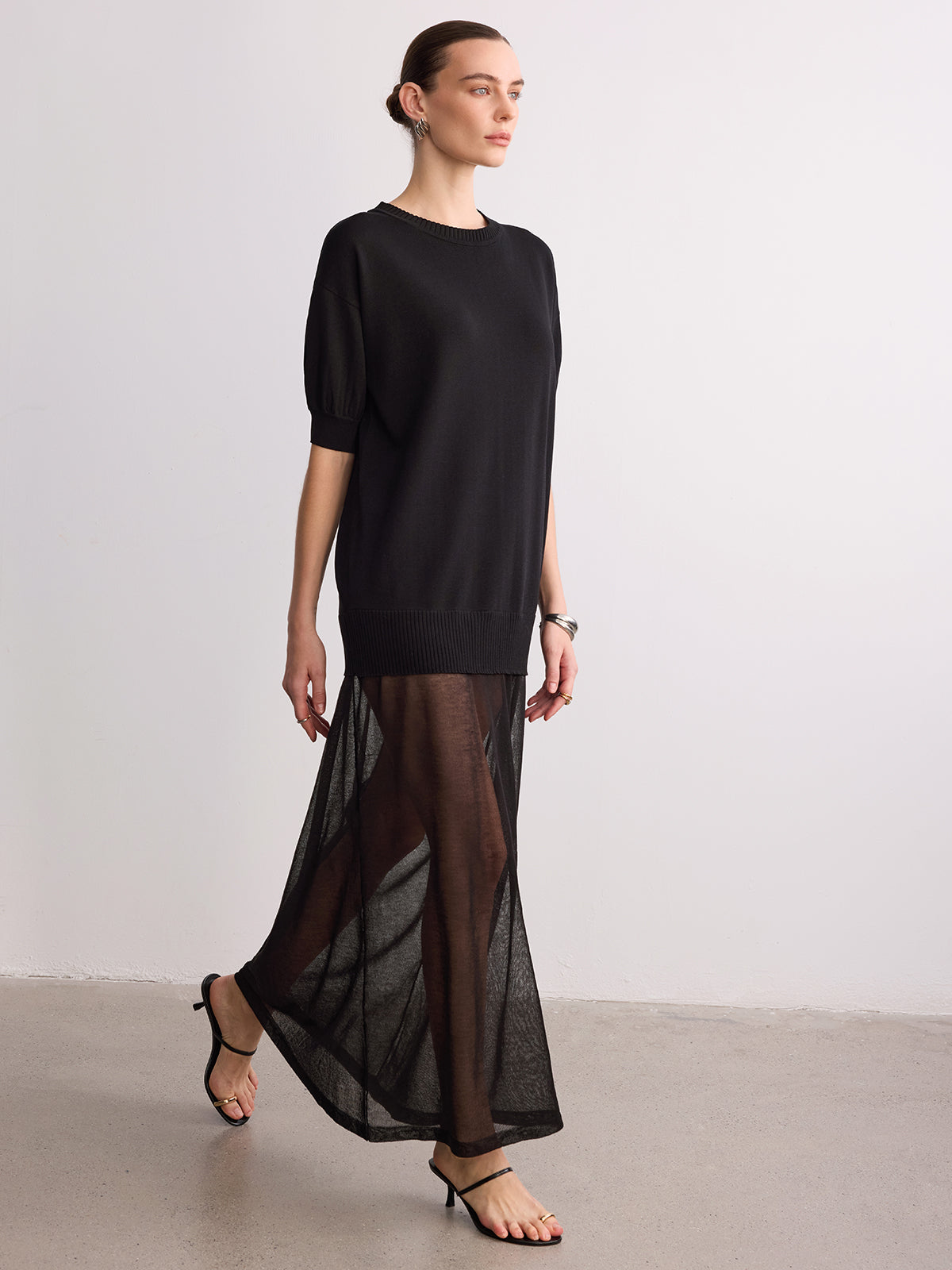 Short Sleeve Sheer Hem Knit Maxi Dress for Women, Elegant Full-Length