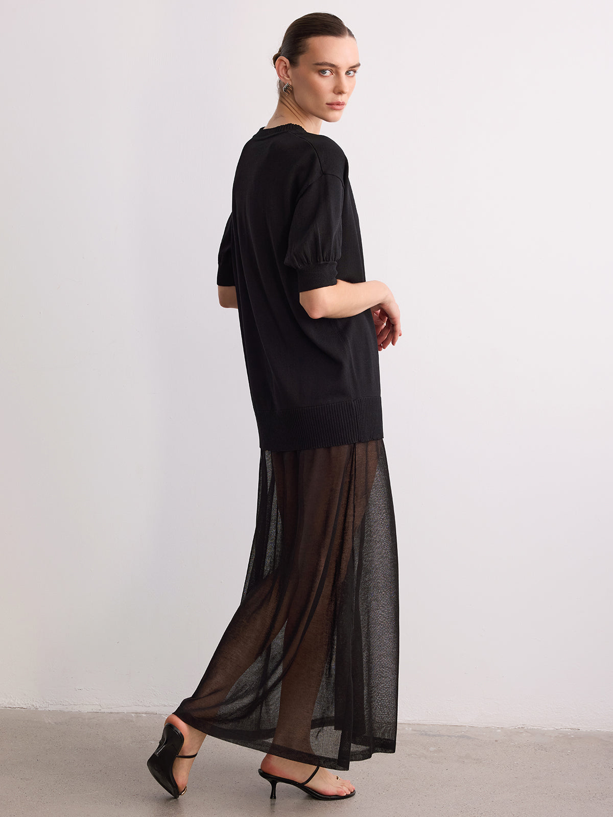 Short Sleeve Sheer Hem Knit Maxi Dress for Women, Elegant Full-Length