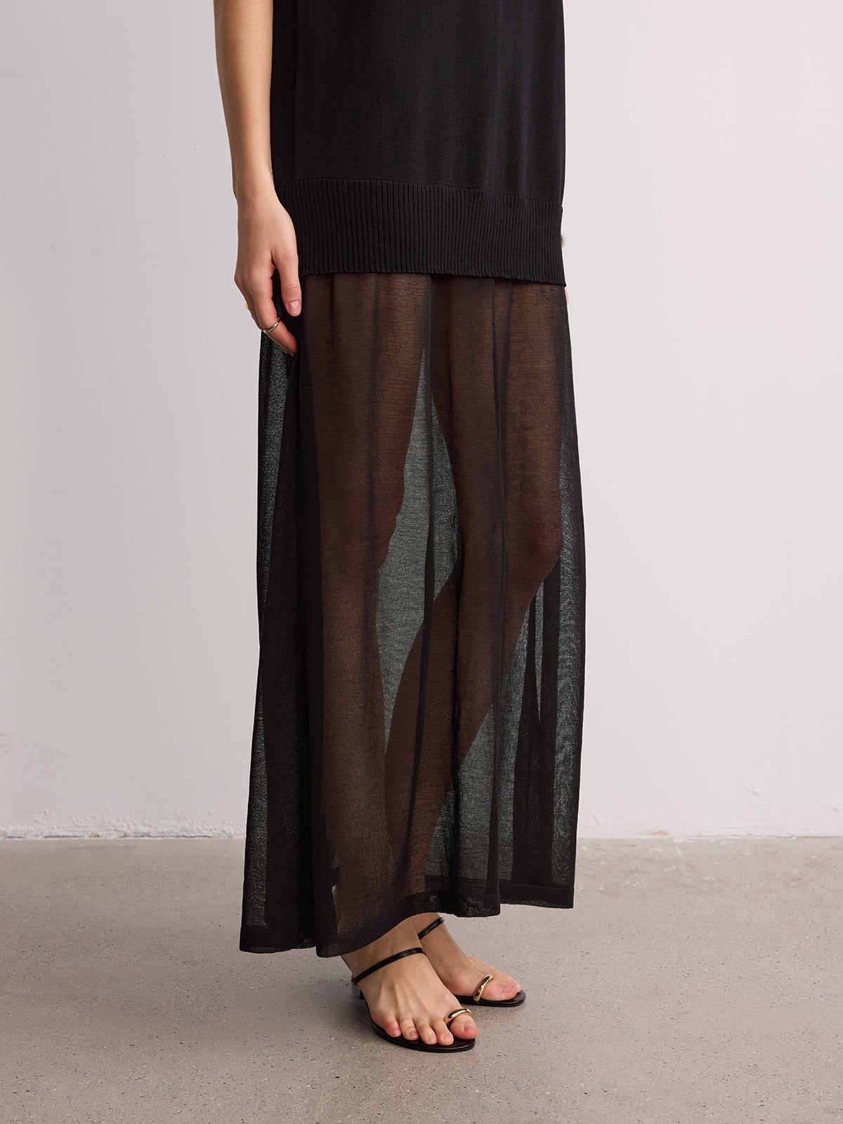 Short Sleeve Sheer Hem Knit Maxi Dress for Women, Elegant Full-Length