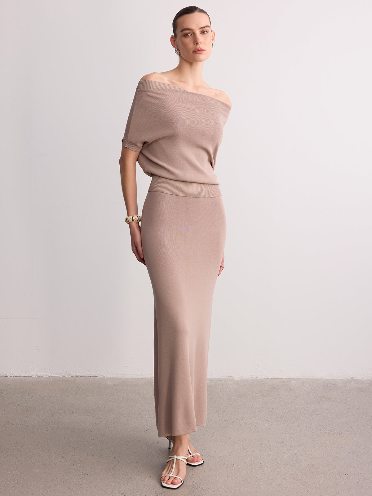 Off-Shoulder Knit Top & Maxi Skirt Set for Women Casual Wear