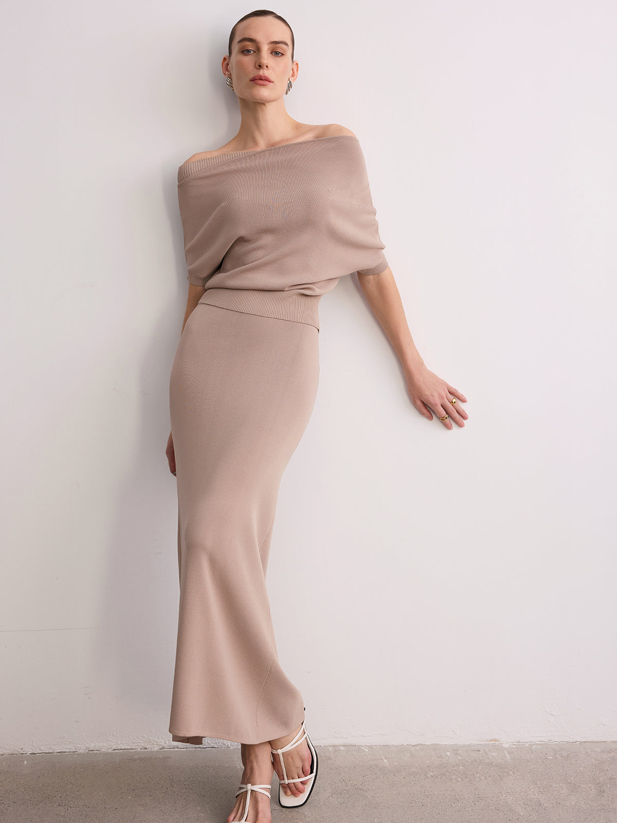 Off-Shoulder Knit Top & Maxi Skirt Set for Women Casual Wear