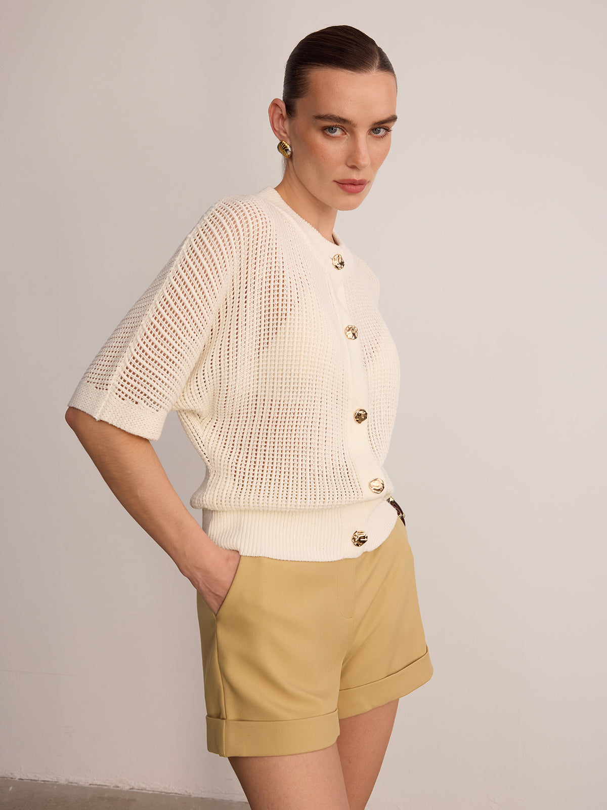 Metal Button Openwork Knit Cardigan - Cozy Winter Women's Fashion Sweater