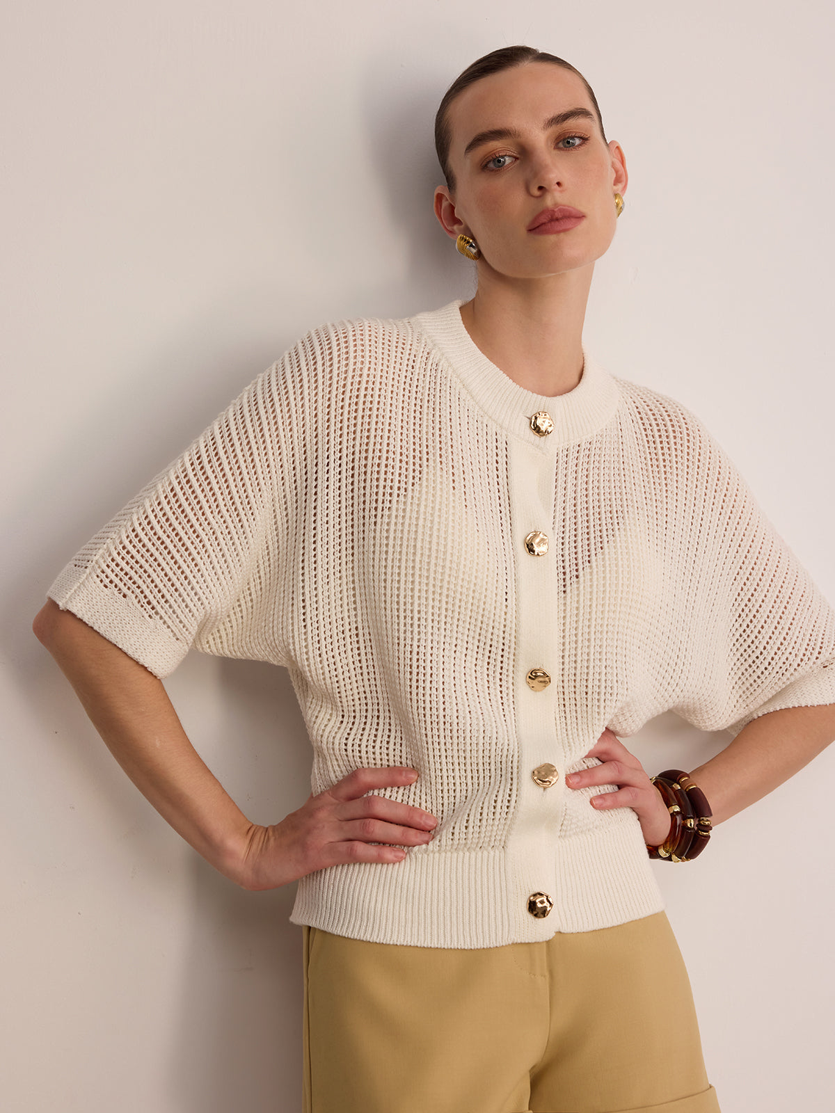 Metal Button Openwork Knit Cardigan - Cozy Winter Women's Fashion Sweater