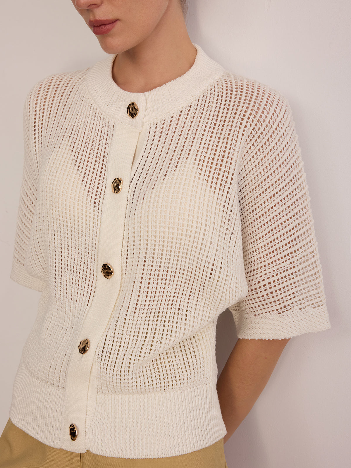 Metal Button Openwork Knit Cardigan - Cozy Winter Women's Fashion Sweater