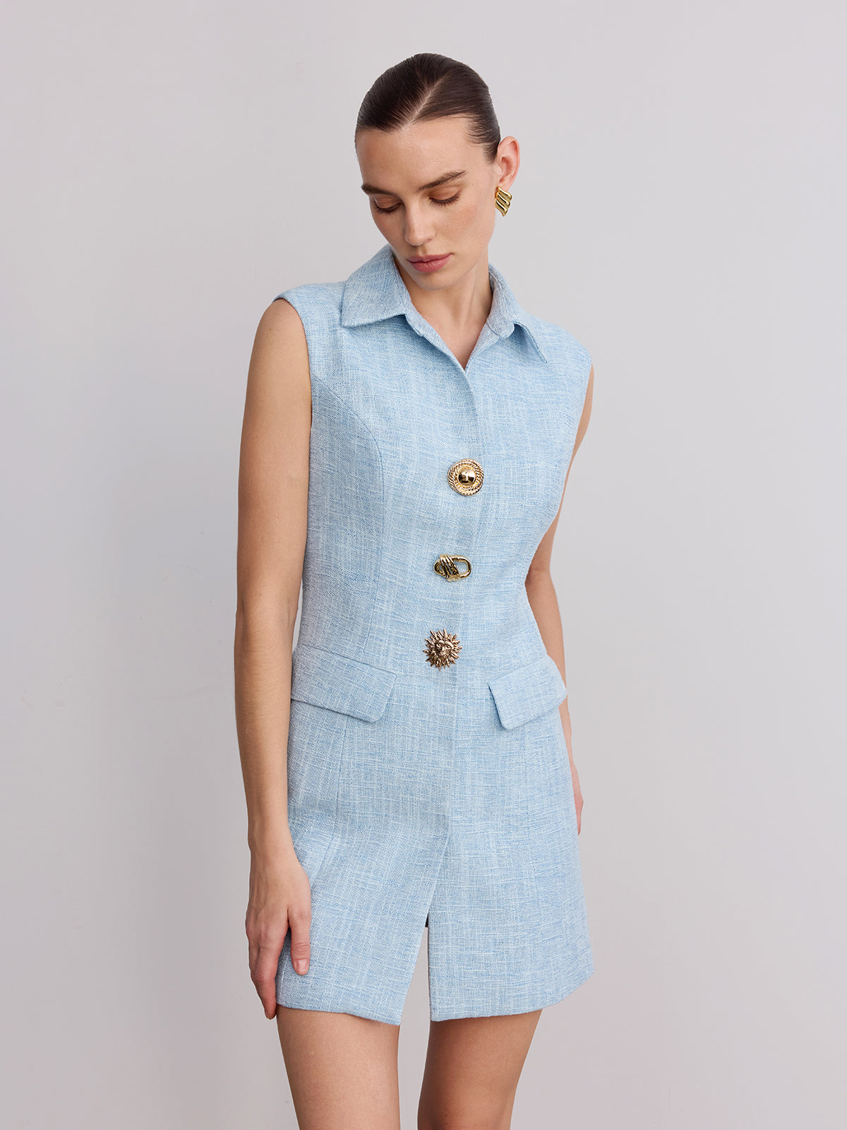 Sleeveless Collared Tweed Mini Dress, Women's Elegant Business Casual Attire