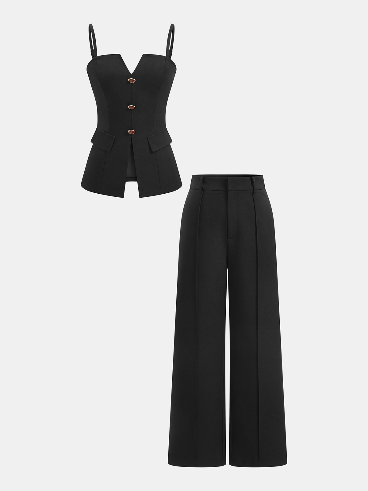 Buttoned Cami Top & Wide Leg Pants Set for Casual Wear