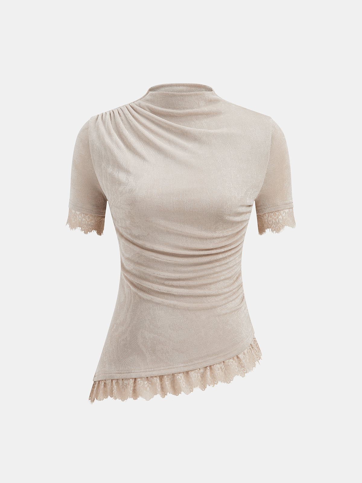 Mock Neck Ruched Lace Trim Top for Women Elegant Design