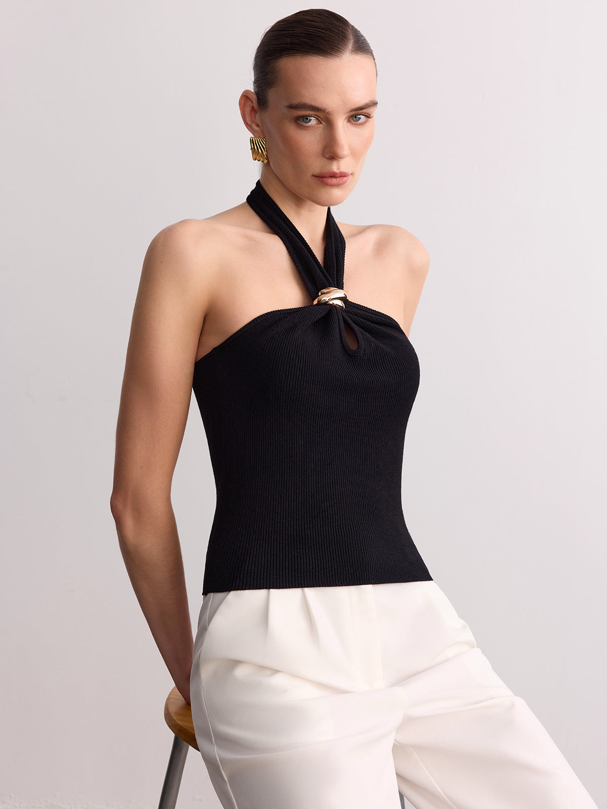 Ring Detail Ribbed Knit Halter Top for Women Summer Casual