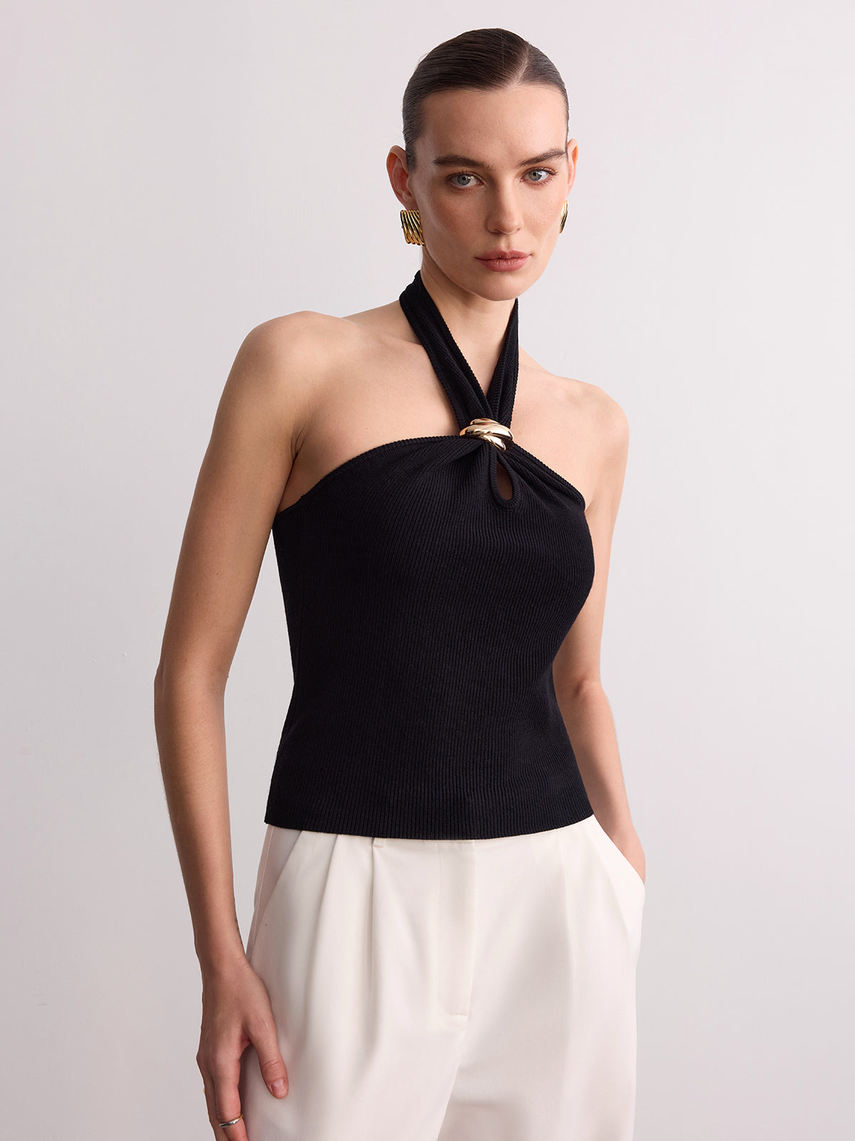 Ring Detail Ribbed Knit Halter Top for Women Summer Casual
