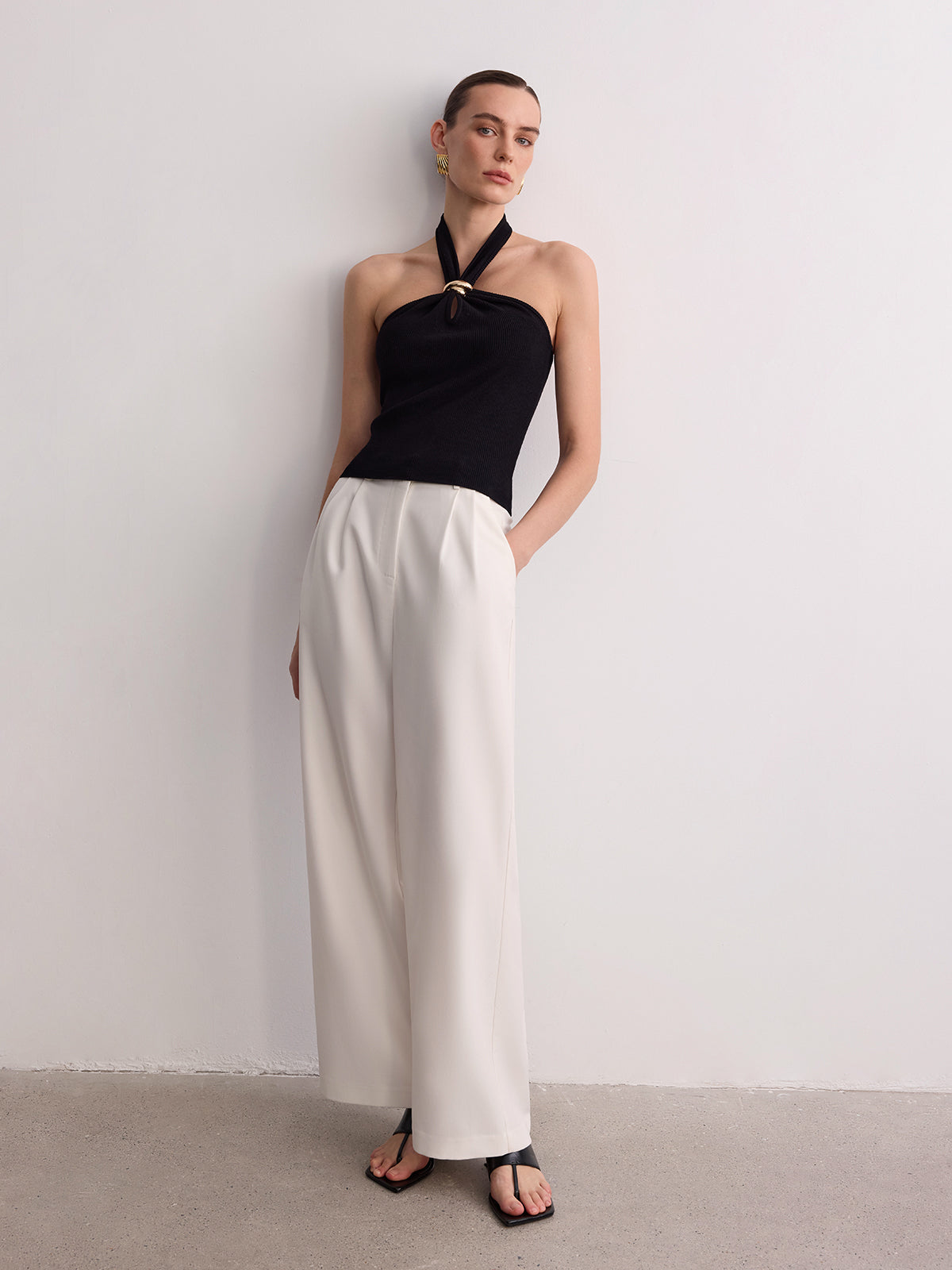 Ring Detail Ribbed Knit Halter Top for Women Summer Casual