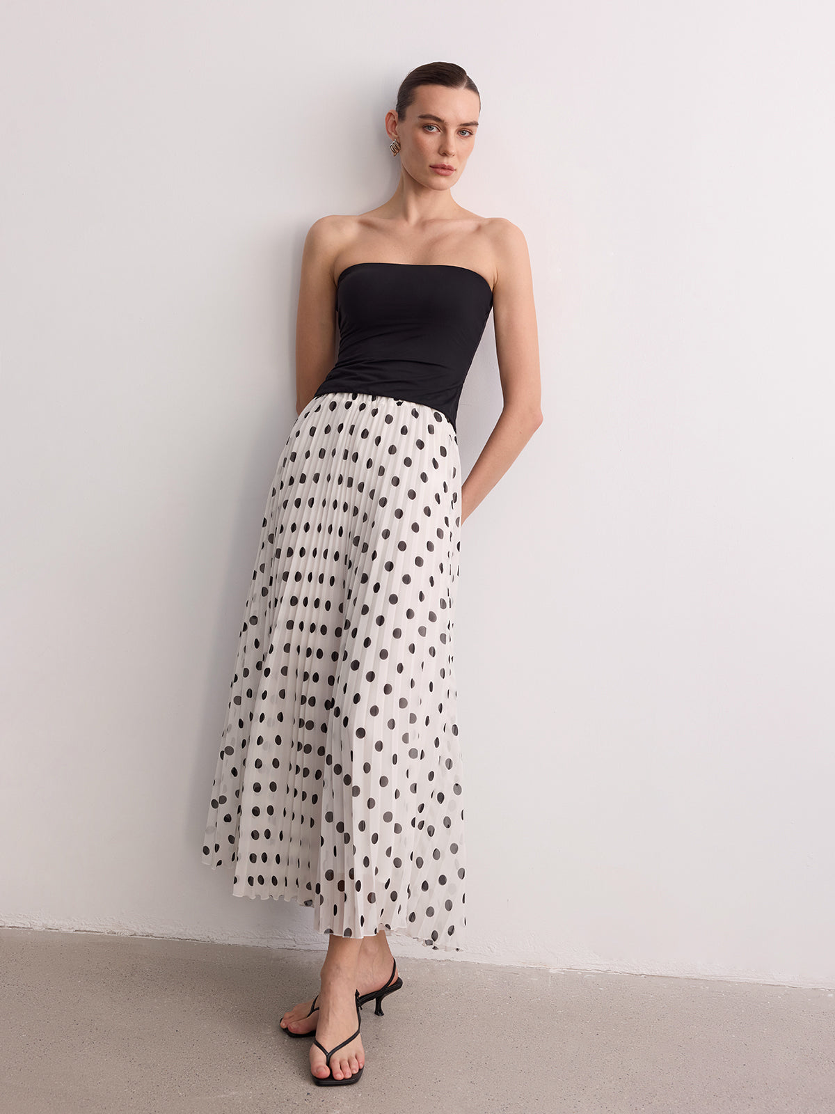 Pleated Polka Dot Maxi Skirt for Women with Elastic Waist