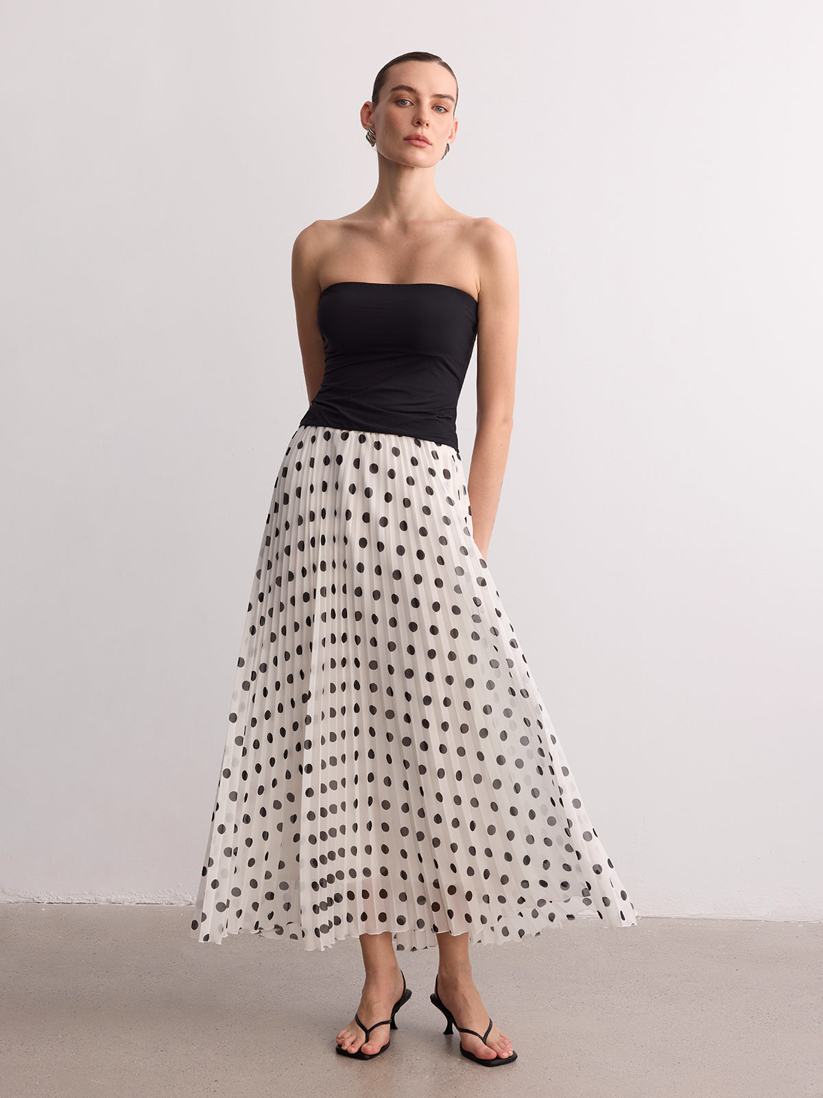 Pleated Polka Dot Maxi Skirt for Women with Elastic Waist