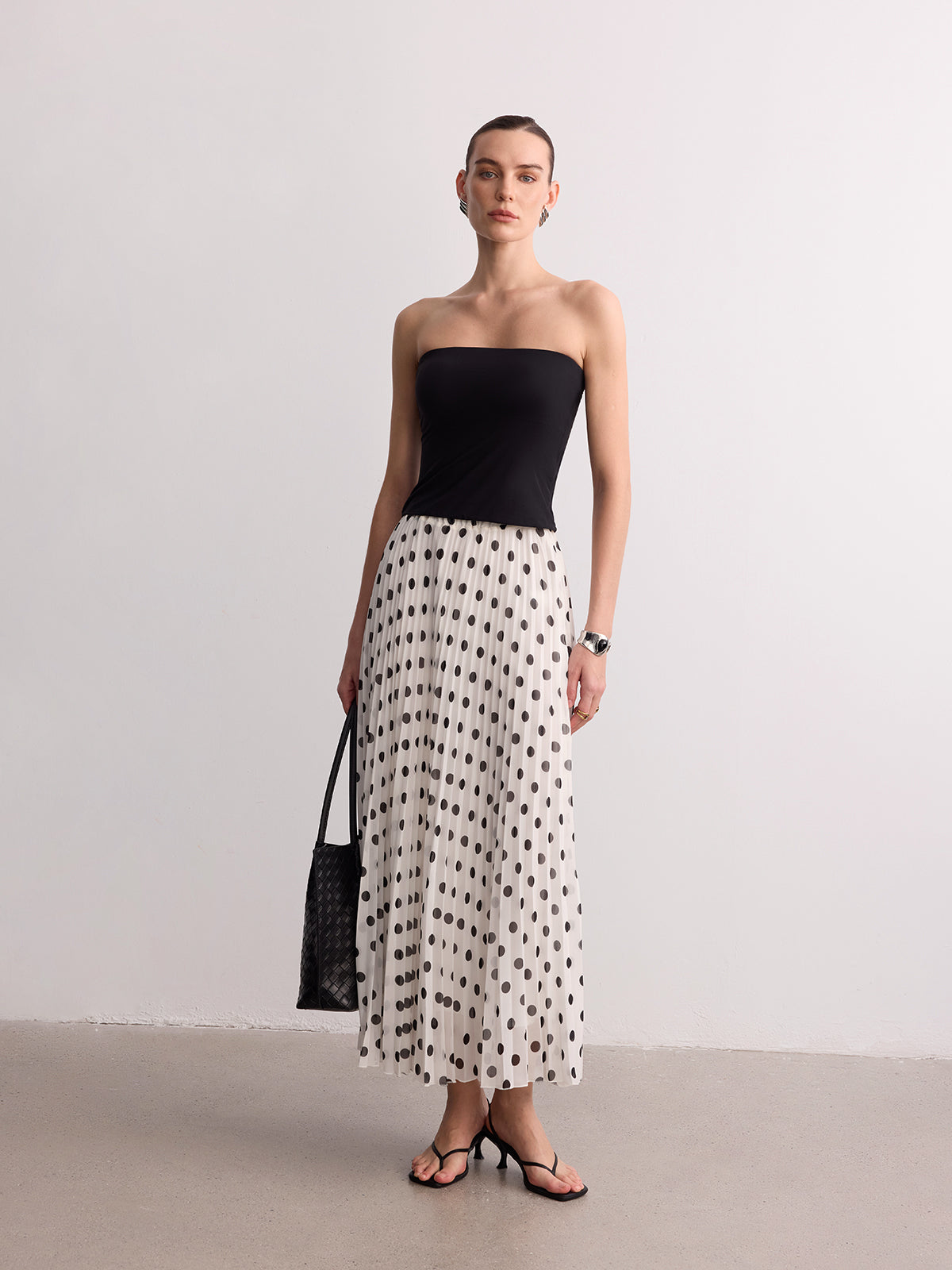 Pleated Polka Dot Maxi Skirt for Women with Elastic Waist