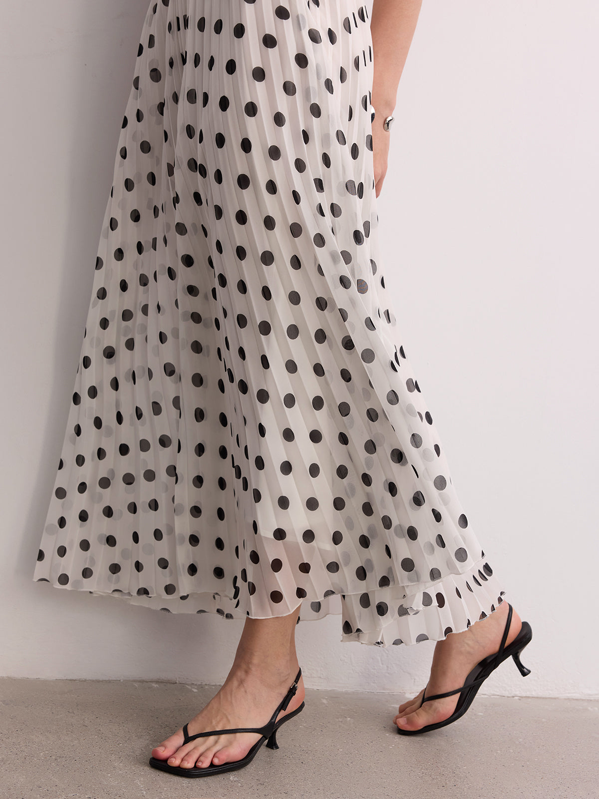 Pleated Polka Dot Maxi Skirt for Women with Elastic Waist
