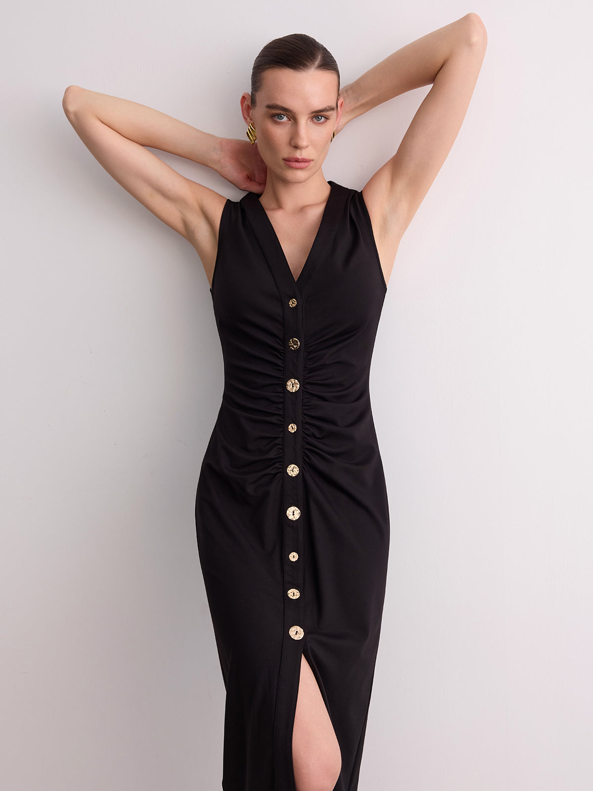 Sleeveless V-Neck Ruched Button-Front Midi Dress for Women Casual Summer Style