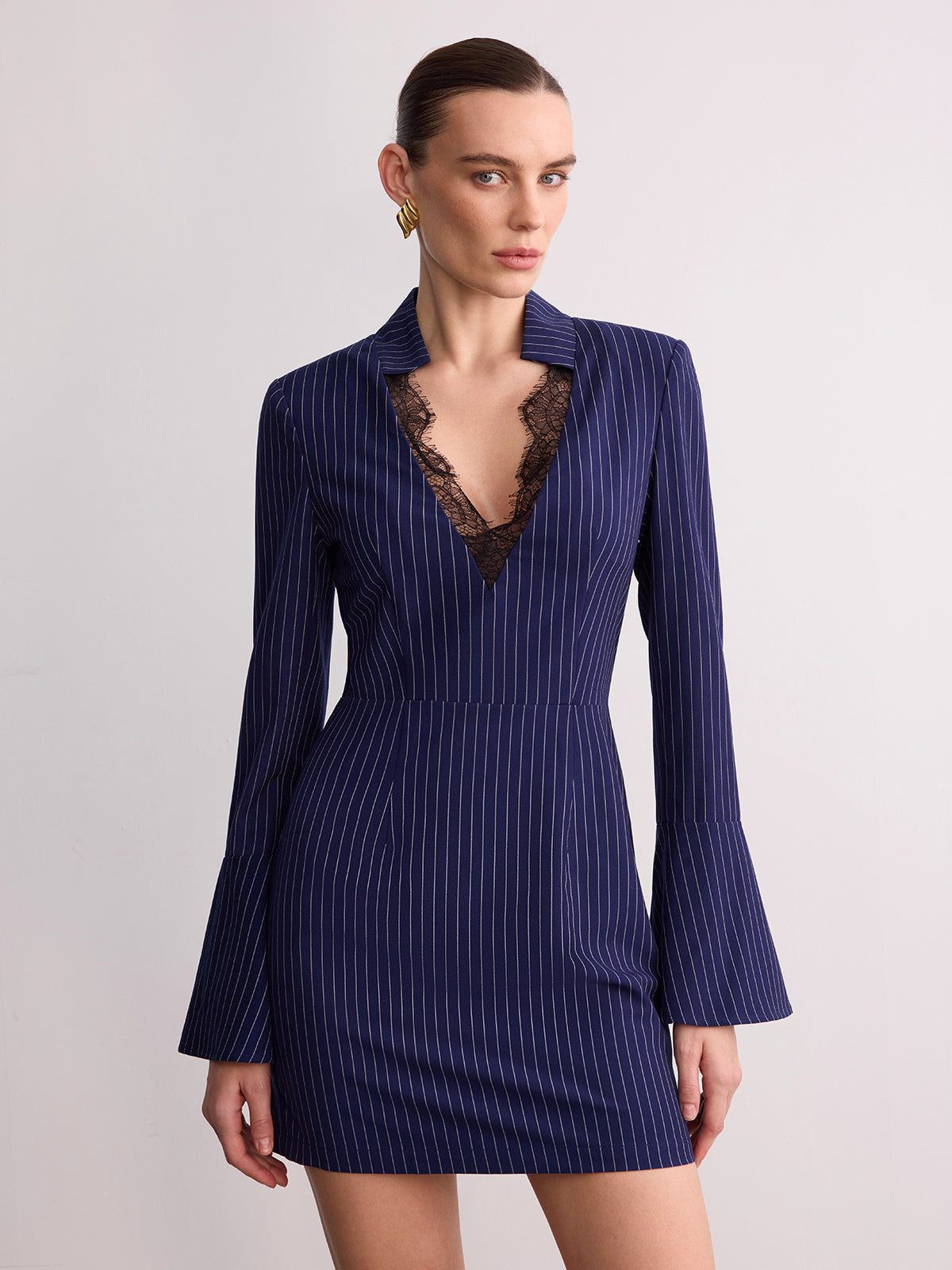 Striped Lace V-Neck Mini Dress with Ruffle Details