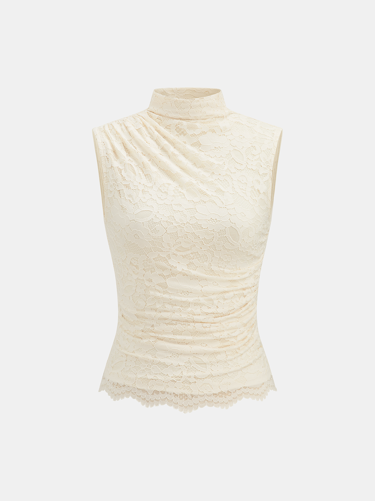 Ruched High Neck Lace Sleeveless Blouse Elegant Women's Top for Evening