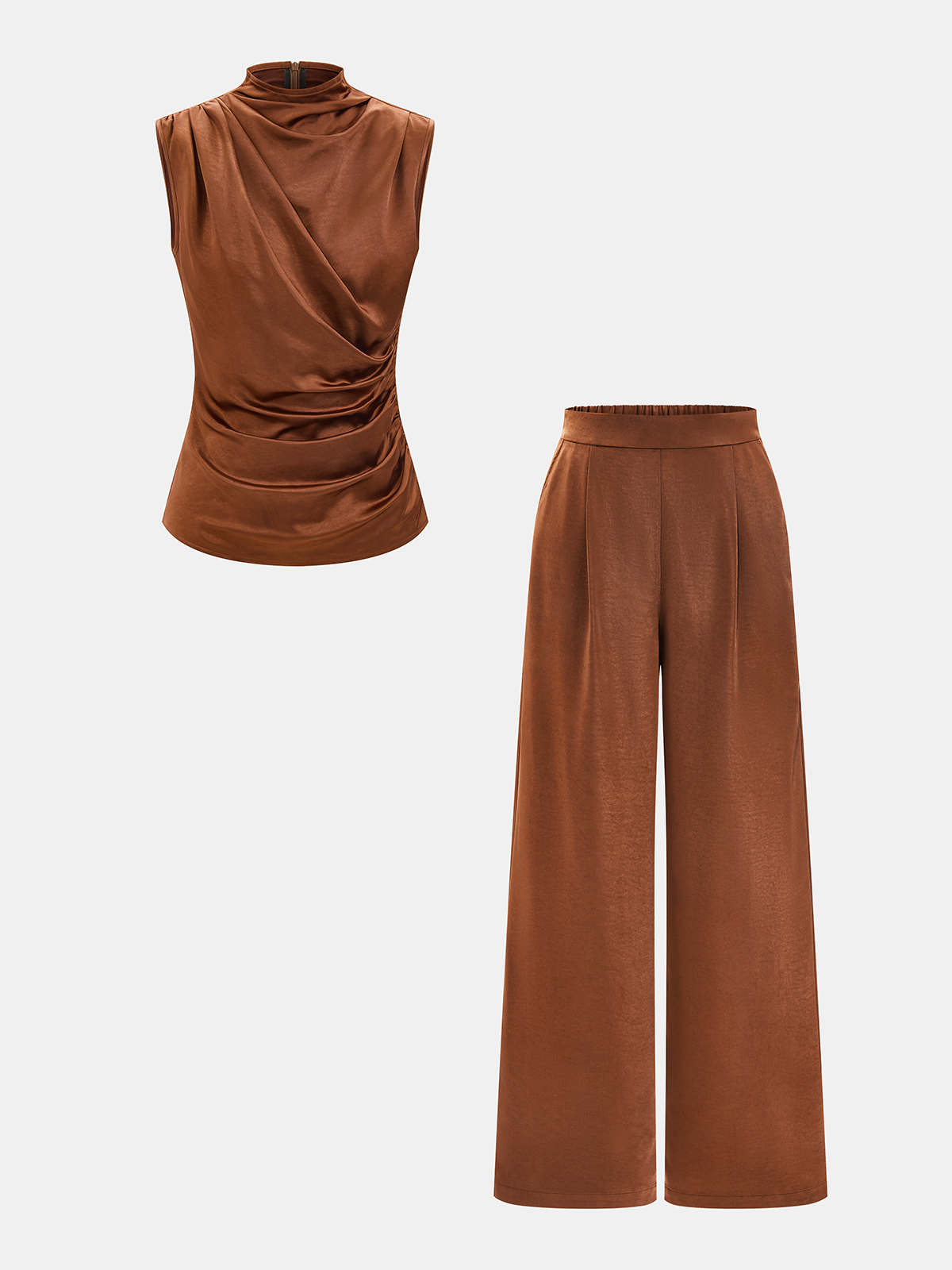 Satin Ruched Top & Wide Leg Pants Set for Women, Elegant Evening Wear