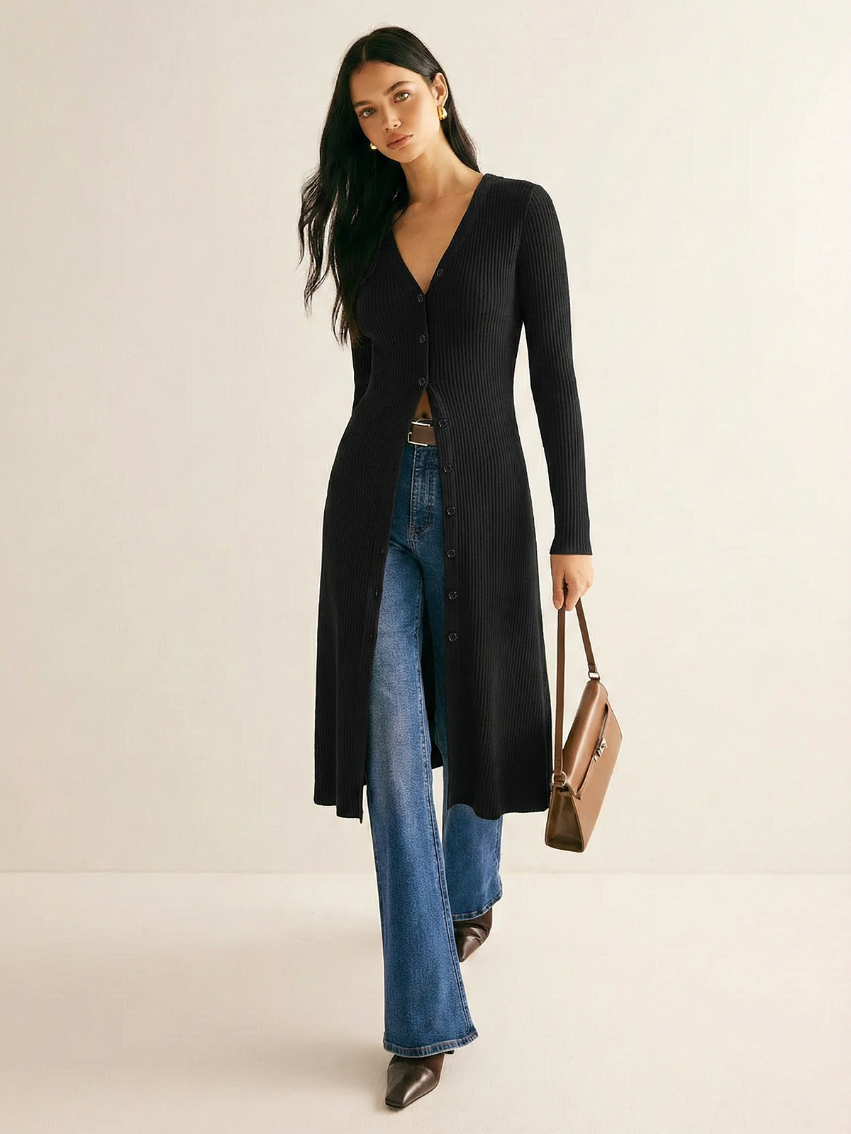 Long Sleeve Rib Knit Button Down Midi Dress with Side Slits and Belt