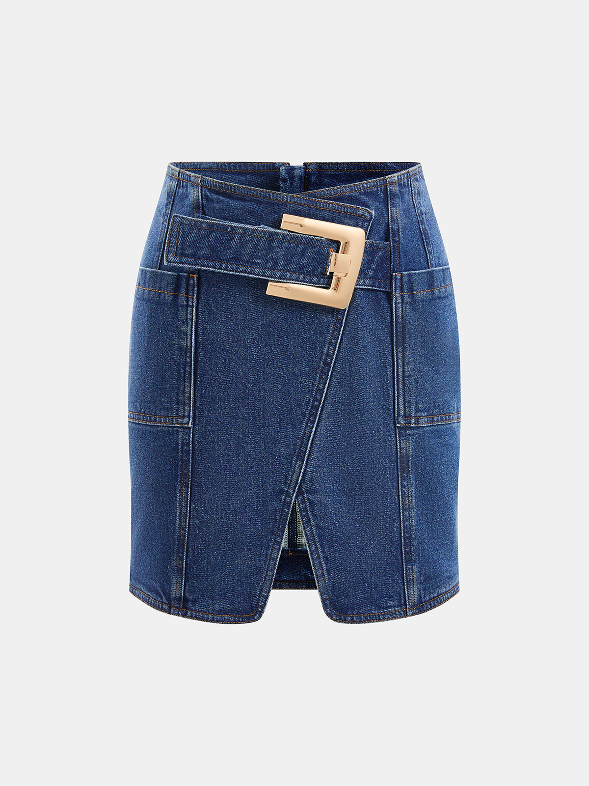 Buckle Detail Asymmetrical Denim Mini Skirt for Women Fashionable Stitch Detailing