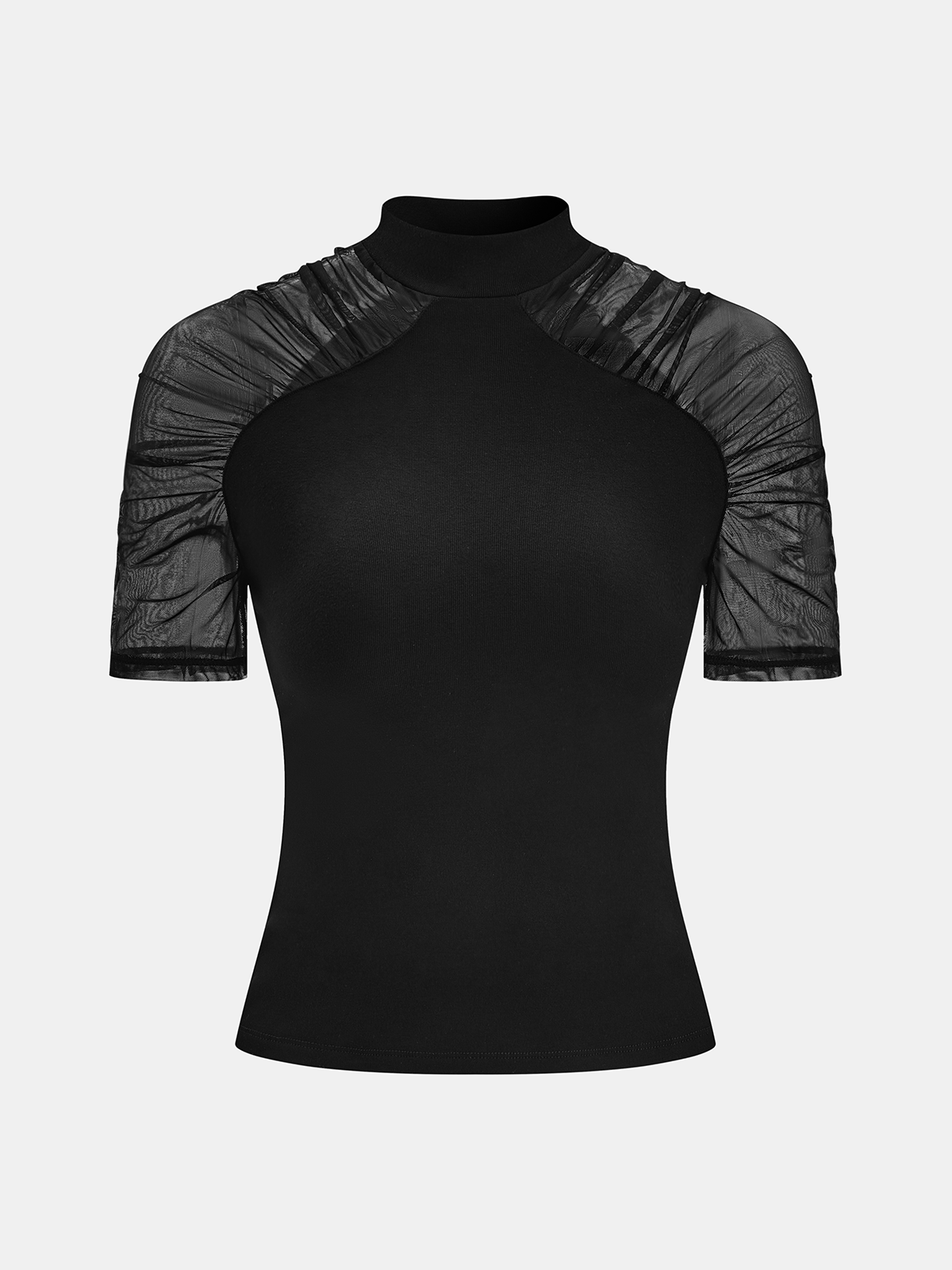 Mock Neck Mesh Sleeve Knit Top with Stretch Fit Fabric