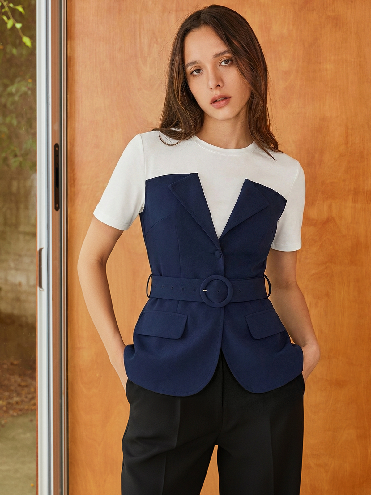 2 in 1 Belted Patchwork Short Sleeve Top for Women, Casual Summer Wear
