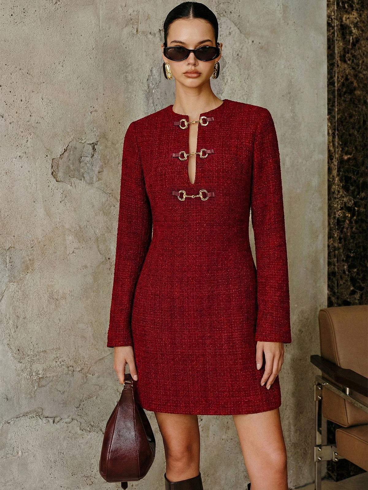 Metal Buckle Tweed Mini Dress with Elegant Short Sleeve Design