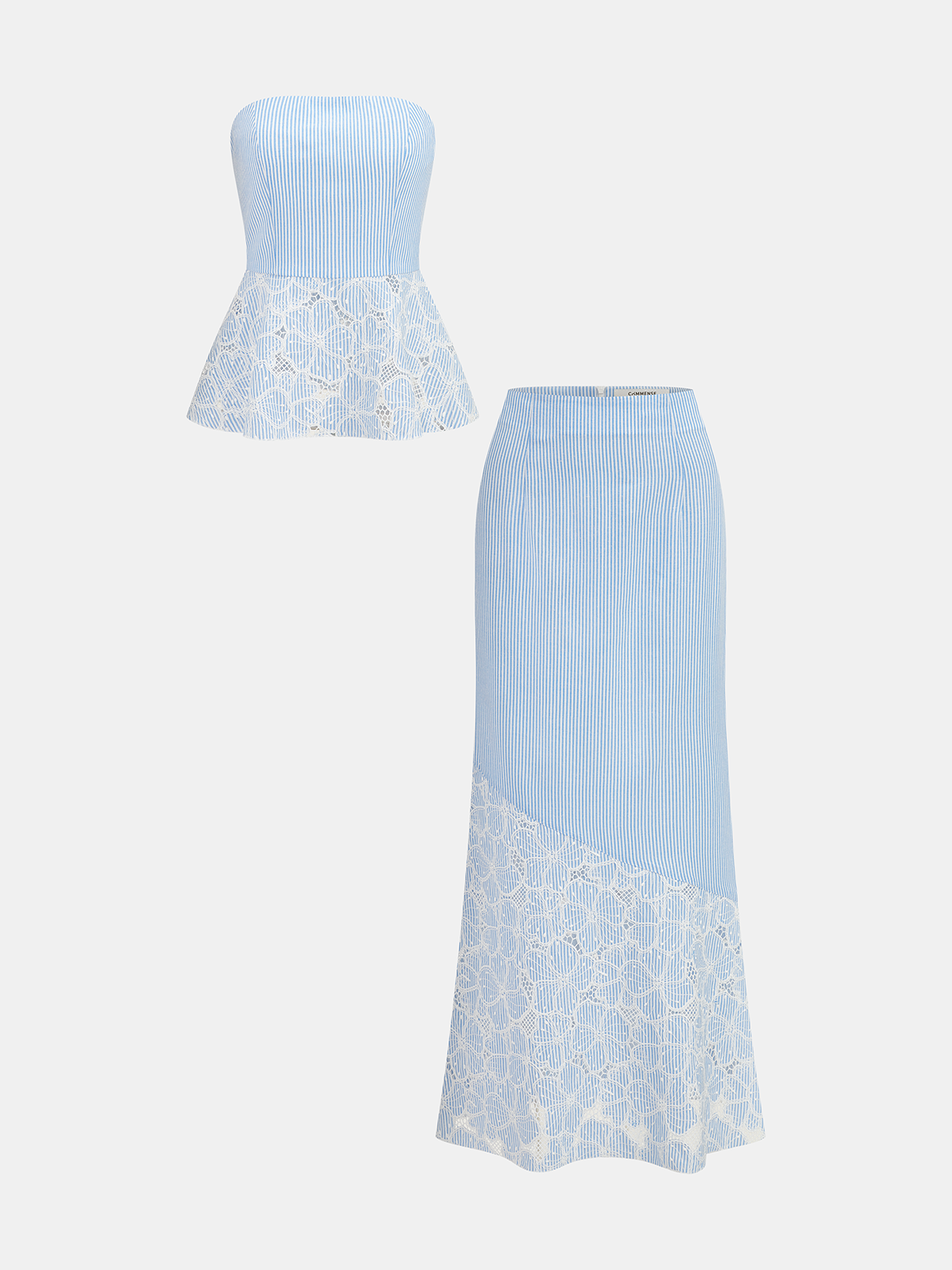 Chic Lace Panel Striped Top & Midi Skirt Set with Belt Detail