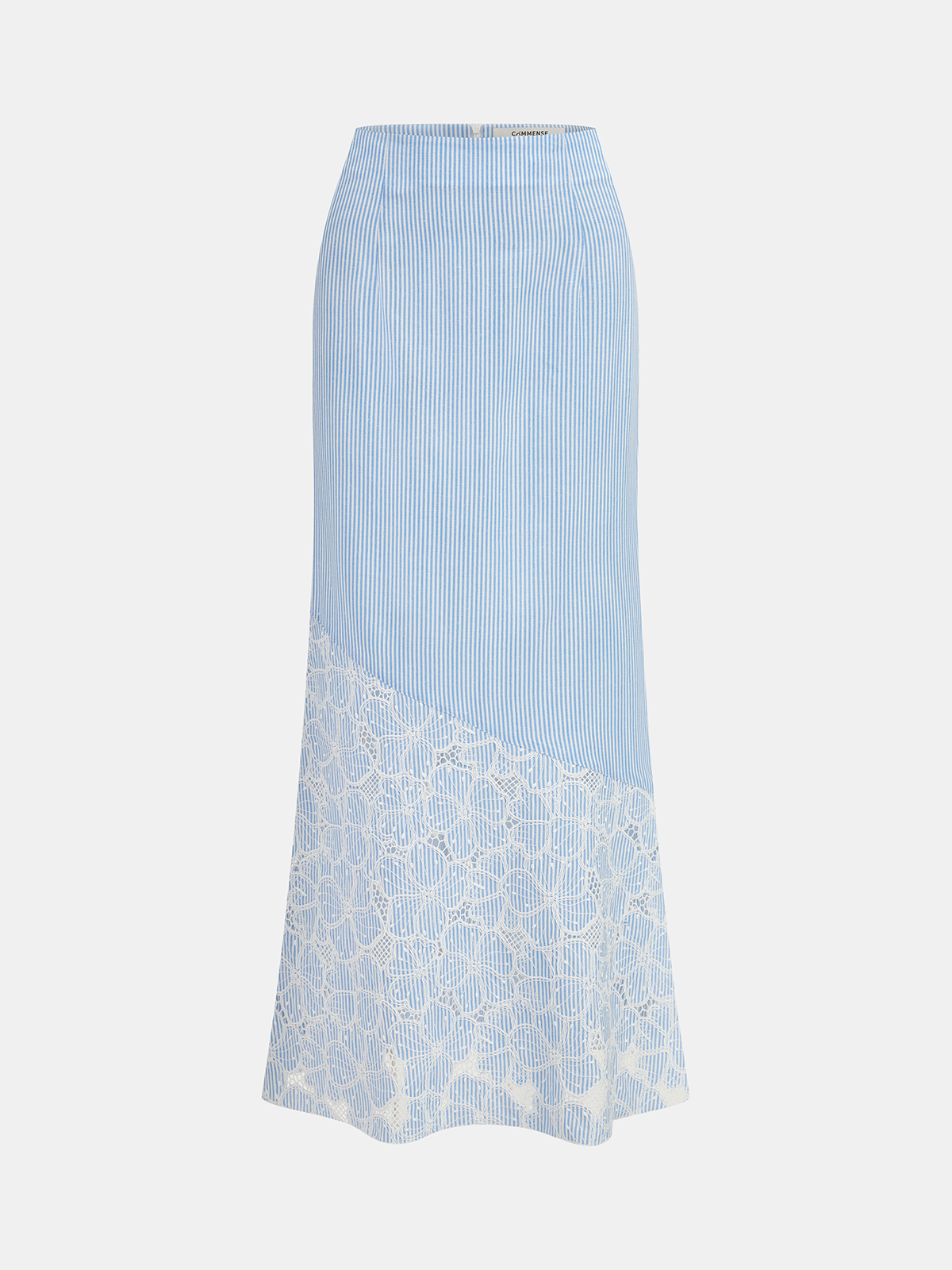Chic Lace Panel Striped Top & Midi Skirt Set with Belt Detail