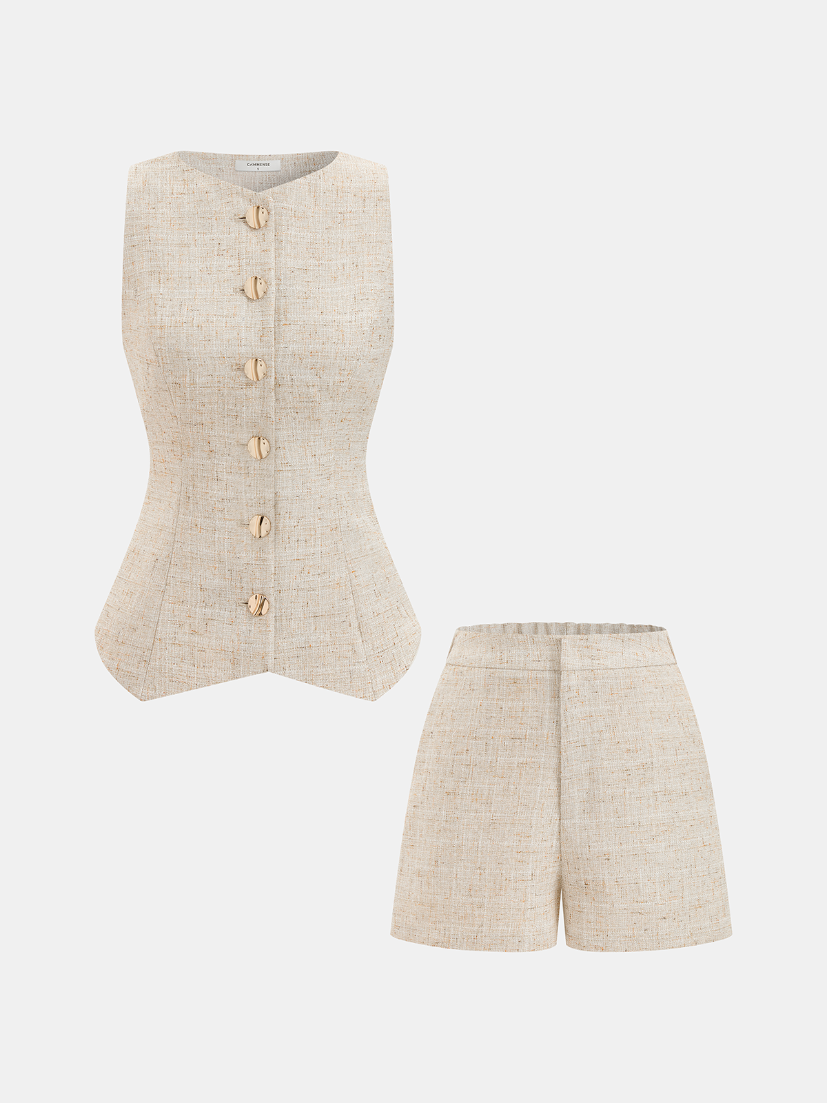 Tweed Buttoned Vest & Mini Shorts Set Classic Outfit for Women