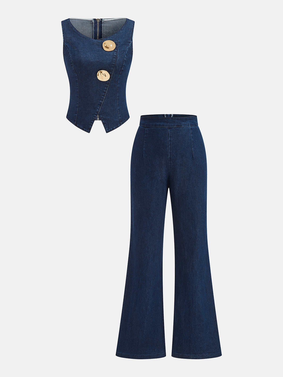 Sleeveless Denim Top Flared Pants Set Trendy Casual Outfit