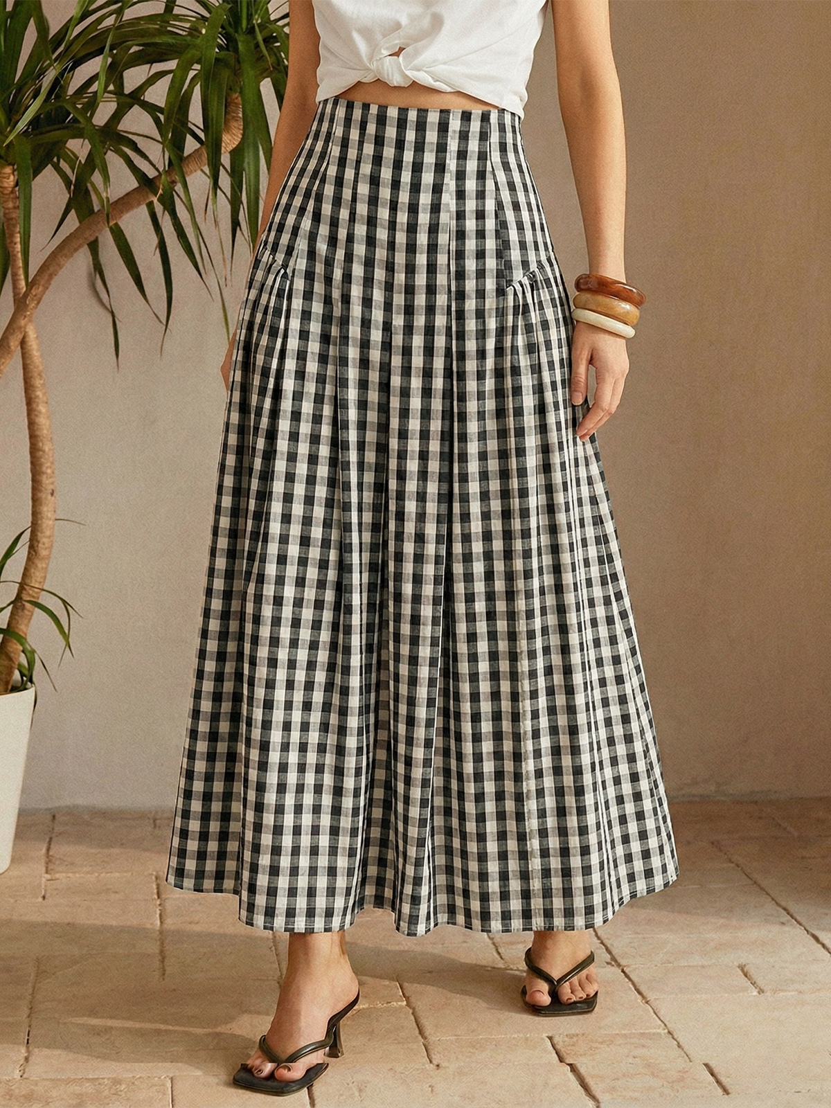 Gingham High-Waisted Pleated Midi Skirt for Women Casual Summer Style