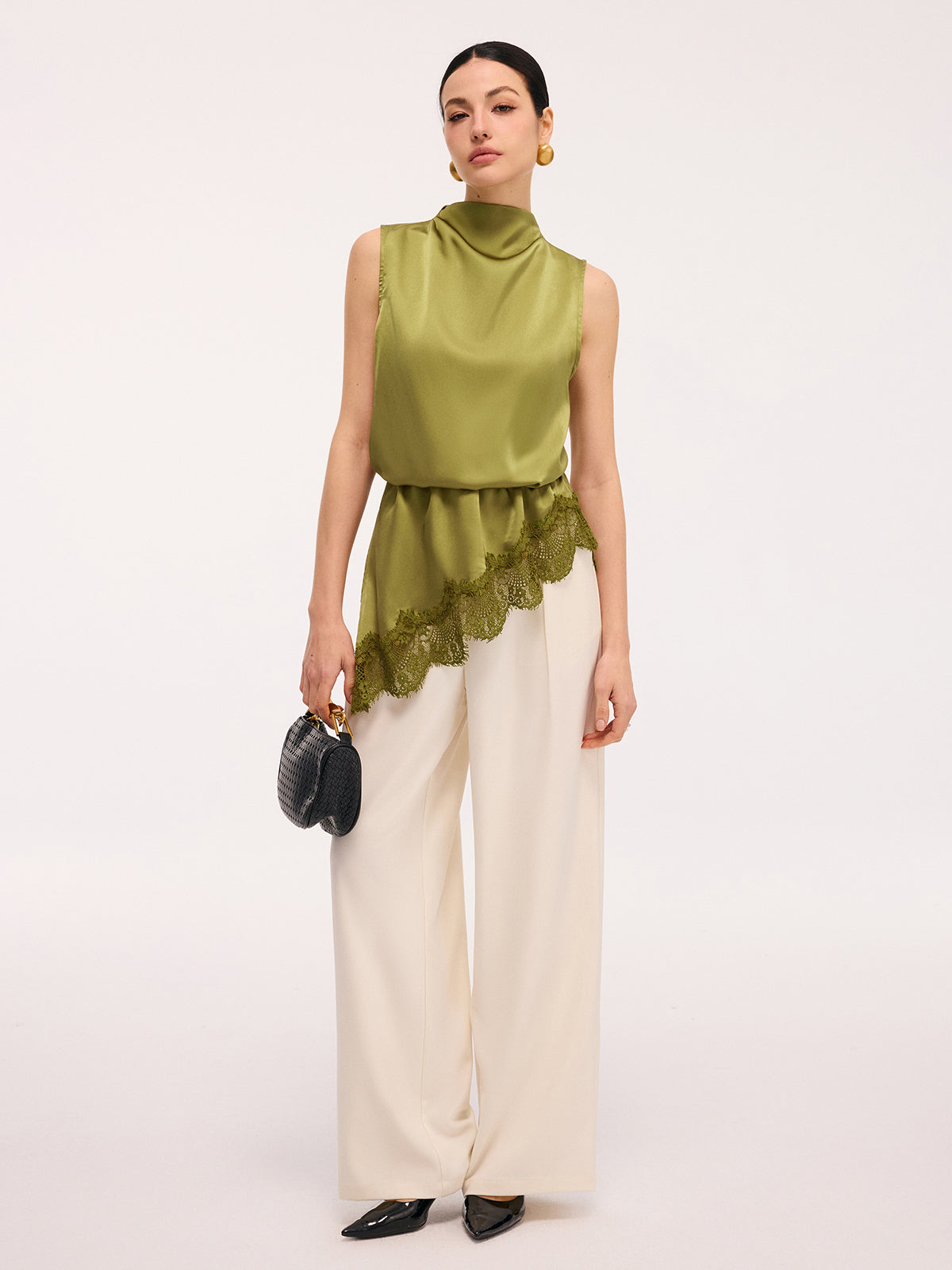 Lace Trim Satin Sleeveless Blouse Elegant Casual Summer Top