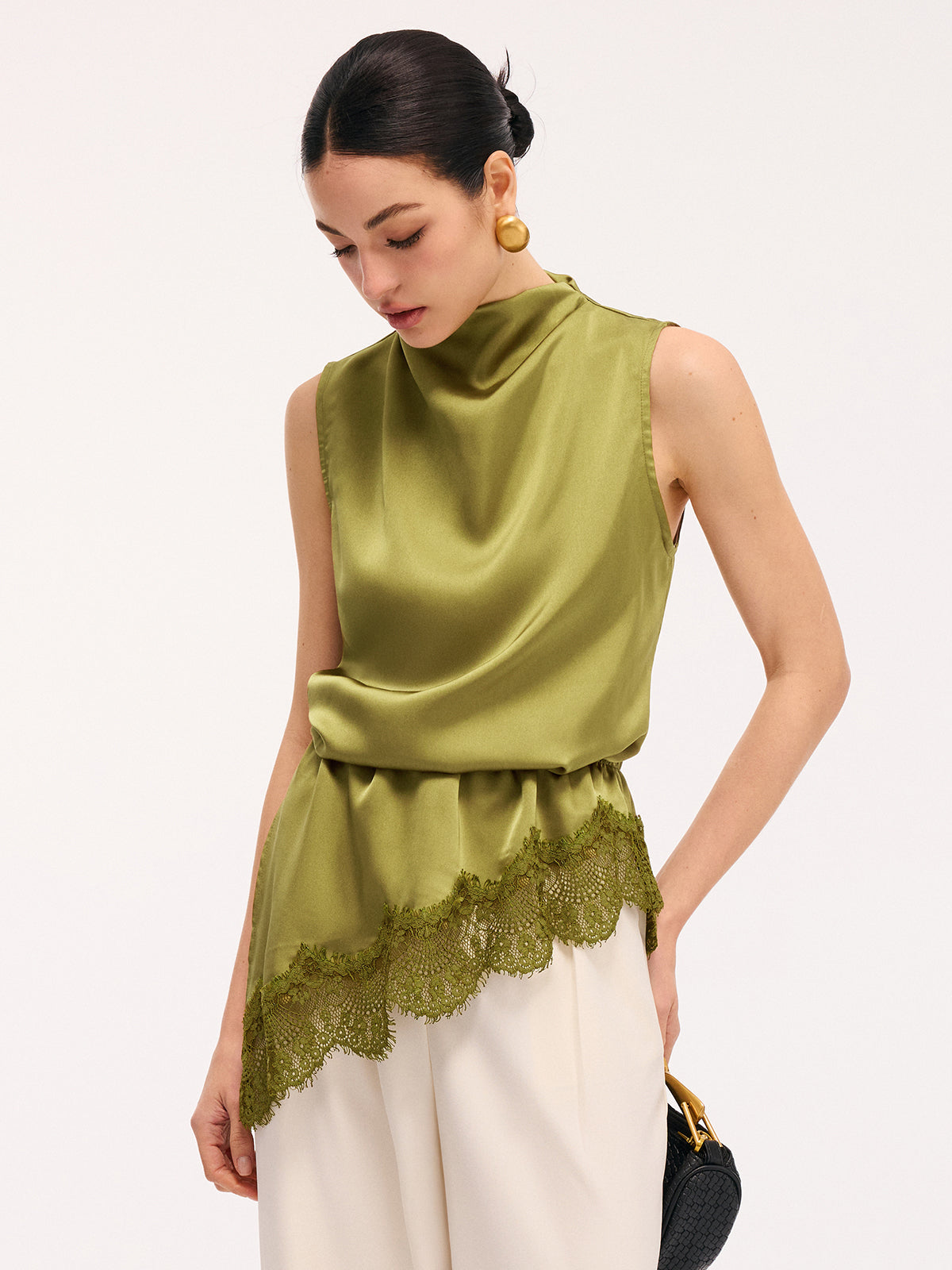 Lace Trim Satin Sleeveless Blouse Elegant Casual Summer Top