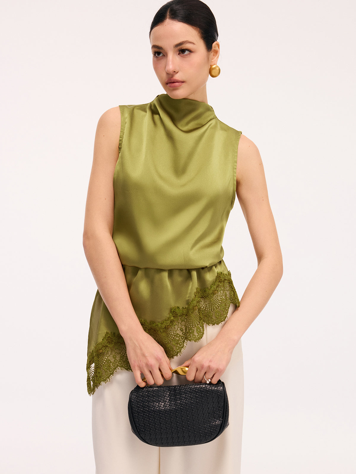 Lace Trim Satin Sleeveless Blouse Elegant Casual Summer Top