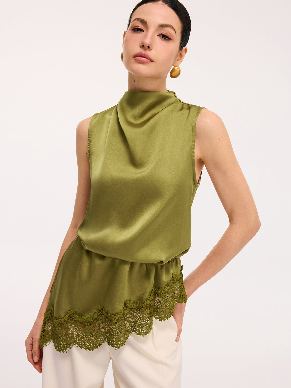 Lace Trim Satin Sleeveless Blouse Elegant Casual Summer Top