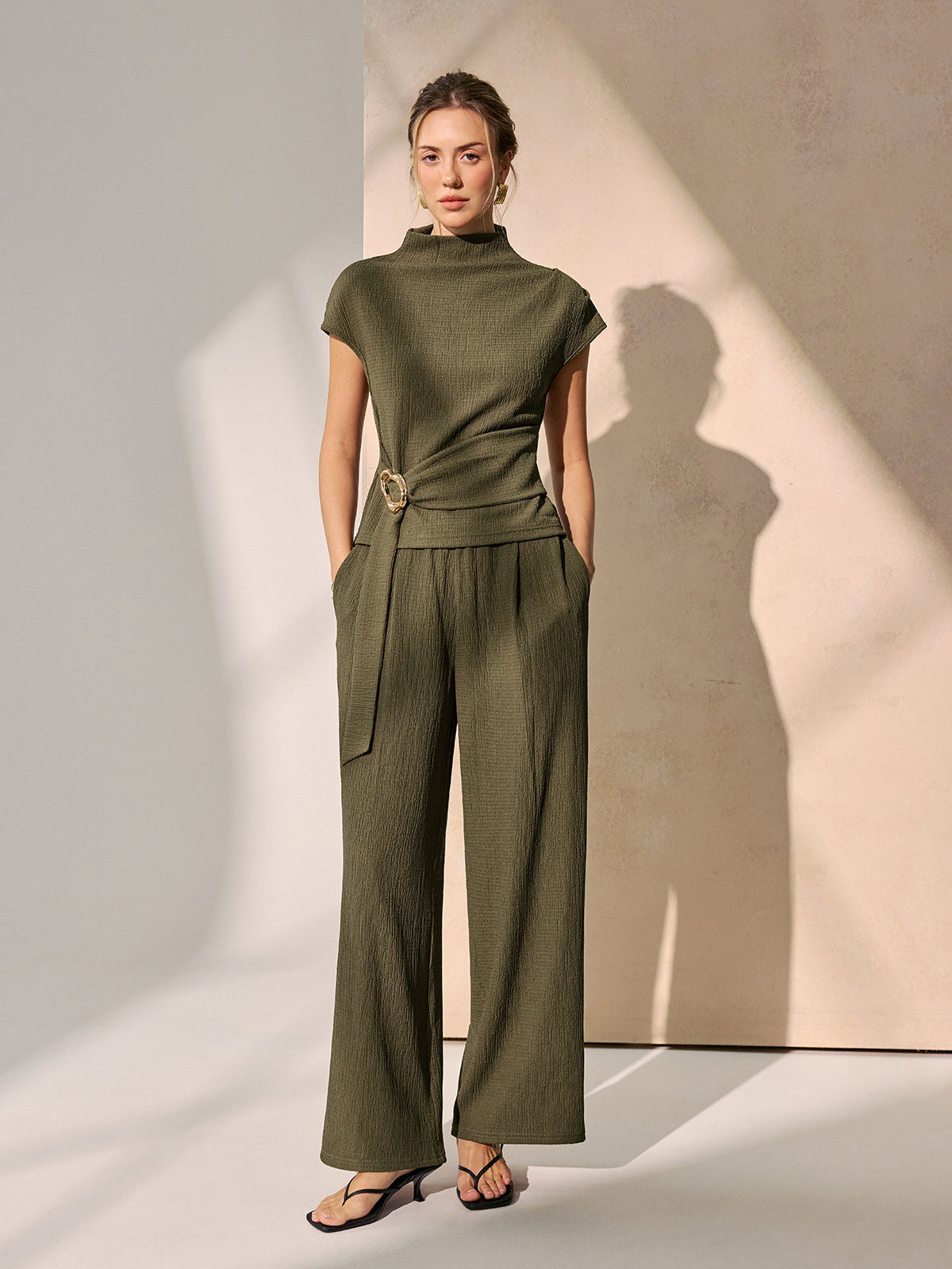 Tie-Waist Textured Knit Top & Pants Set for Women, Casual Outfit