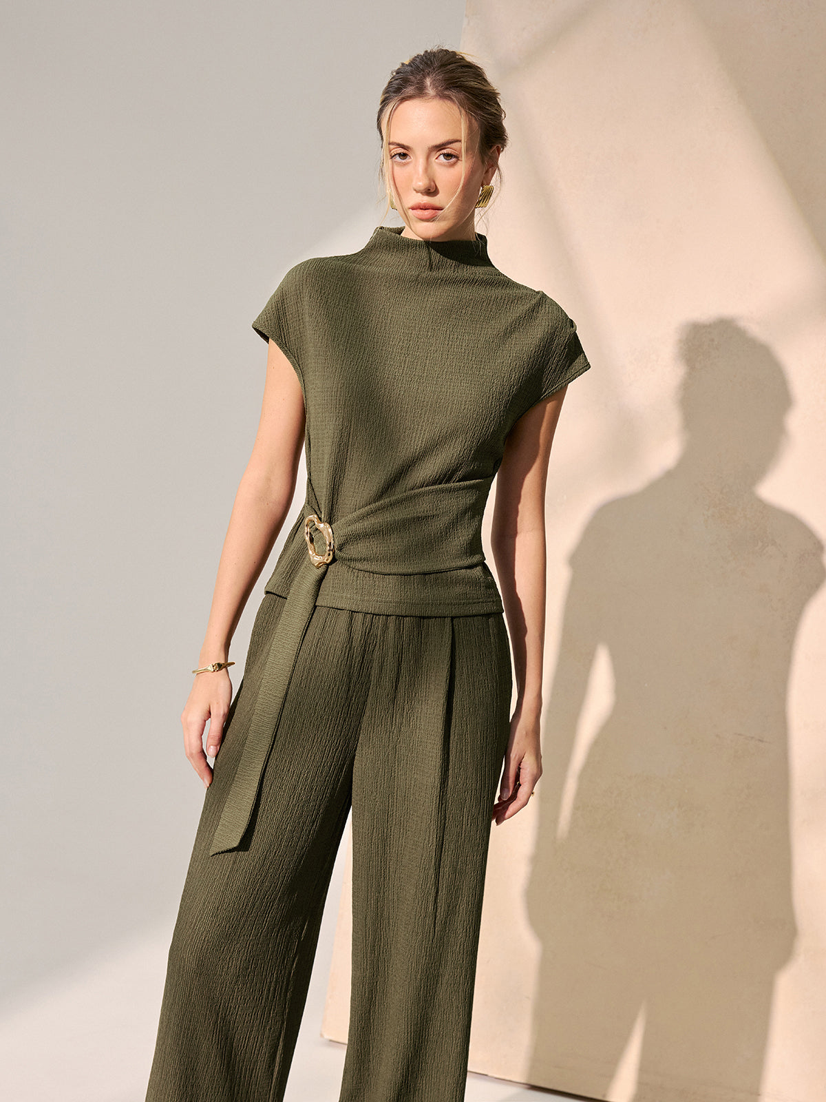 Tie-Waist Textured Knit Top & Pants Set for Women, Casual Outfit