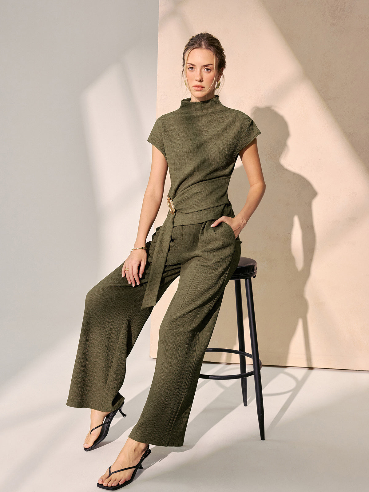 Tie-Waist Textured Knit Top & Pants Set for Women, Casual Outfit