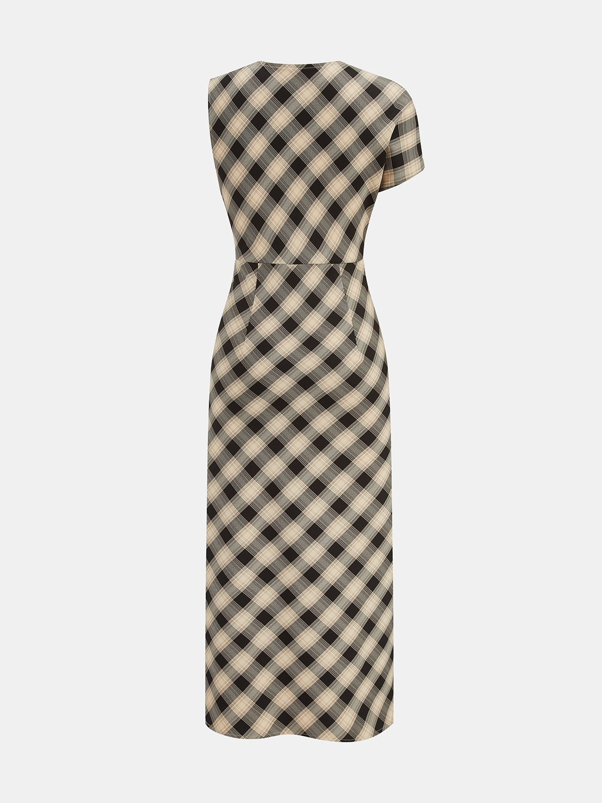 Plaid Asymmetric Slit Maxi Dress with Long Sleeves and Belt