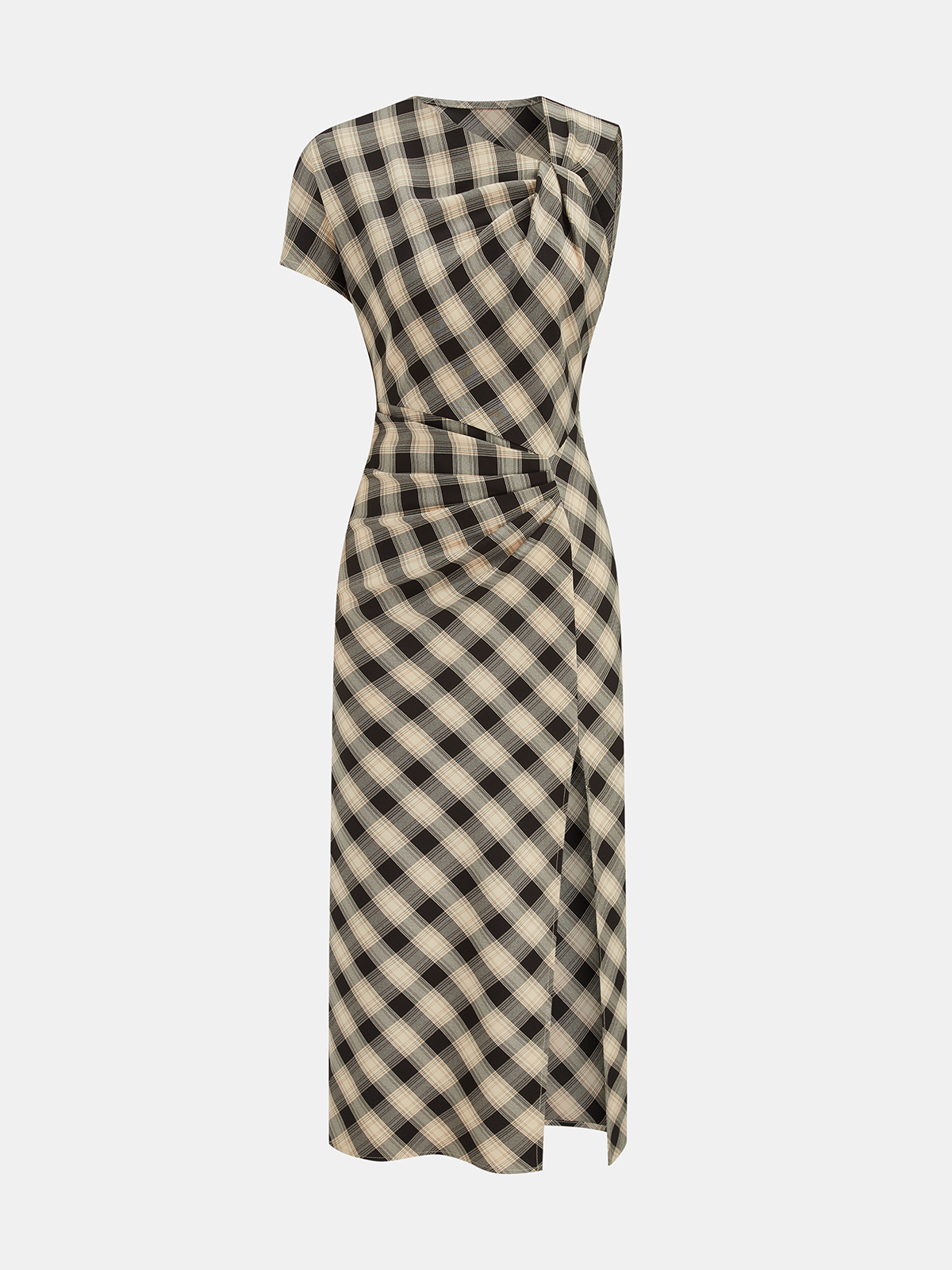 Plaid Asymmetric Slit Maxi Dress with Long Sleeves and Belt