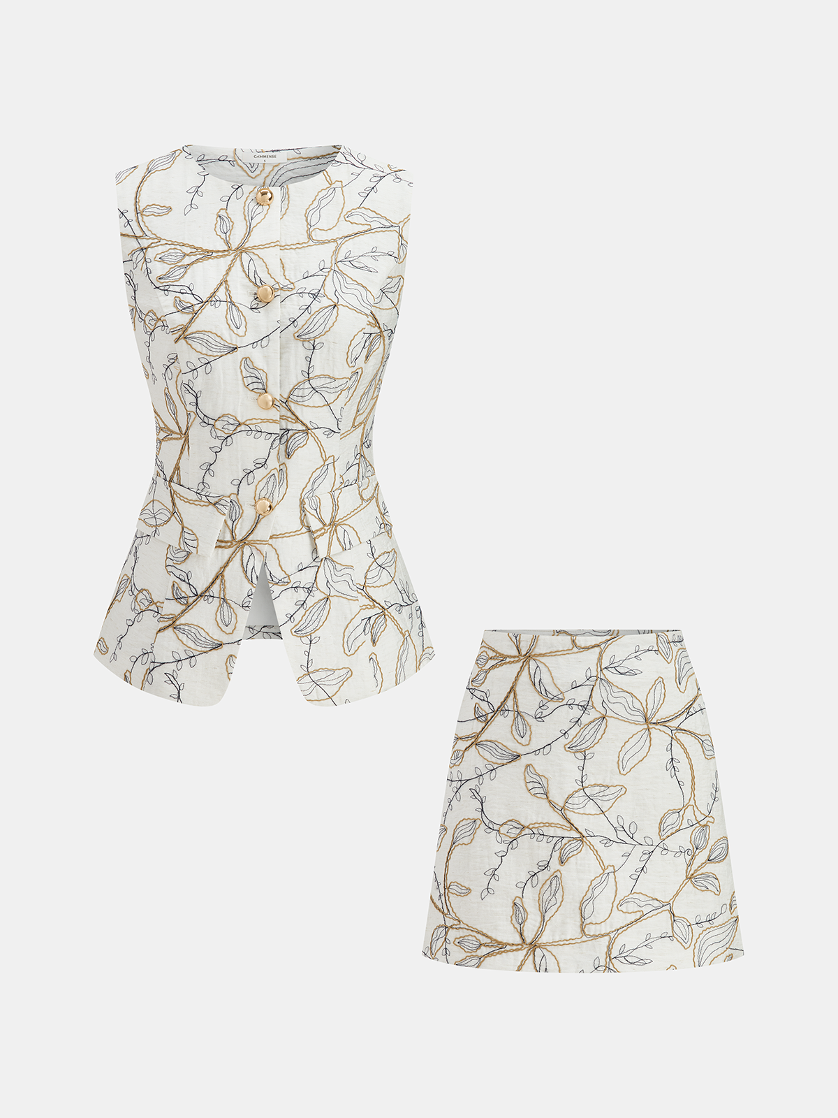 Printed Metal Button Vest & Mini Skirt Set with Trendy Patterns