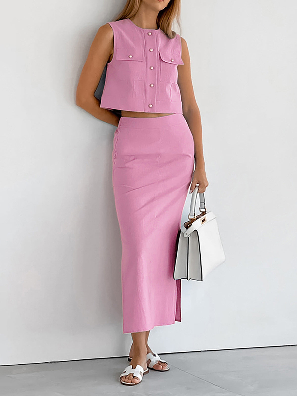 Split Pockets Sleeveless Skirt Set Women's Casual Summer Outfit