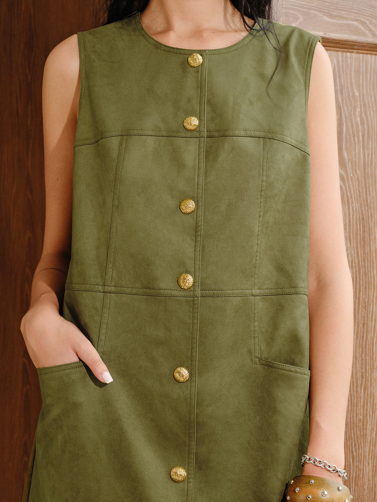 Suede Effect Metal Button Mini Dress with Belt Detail
