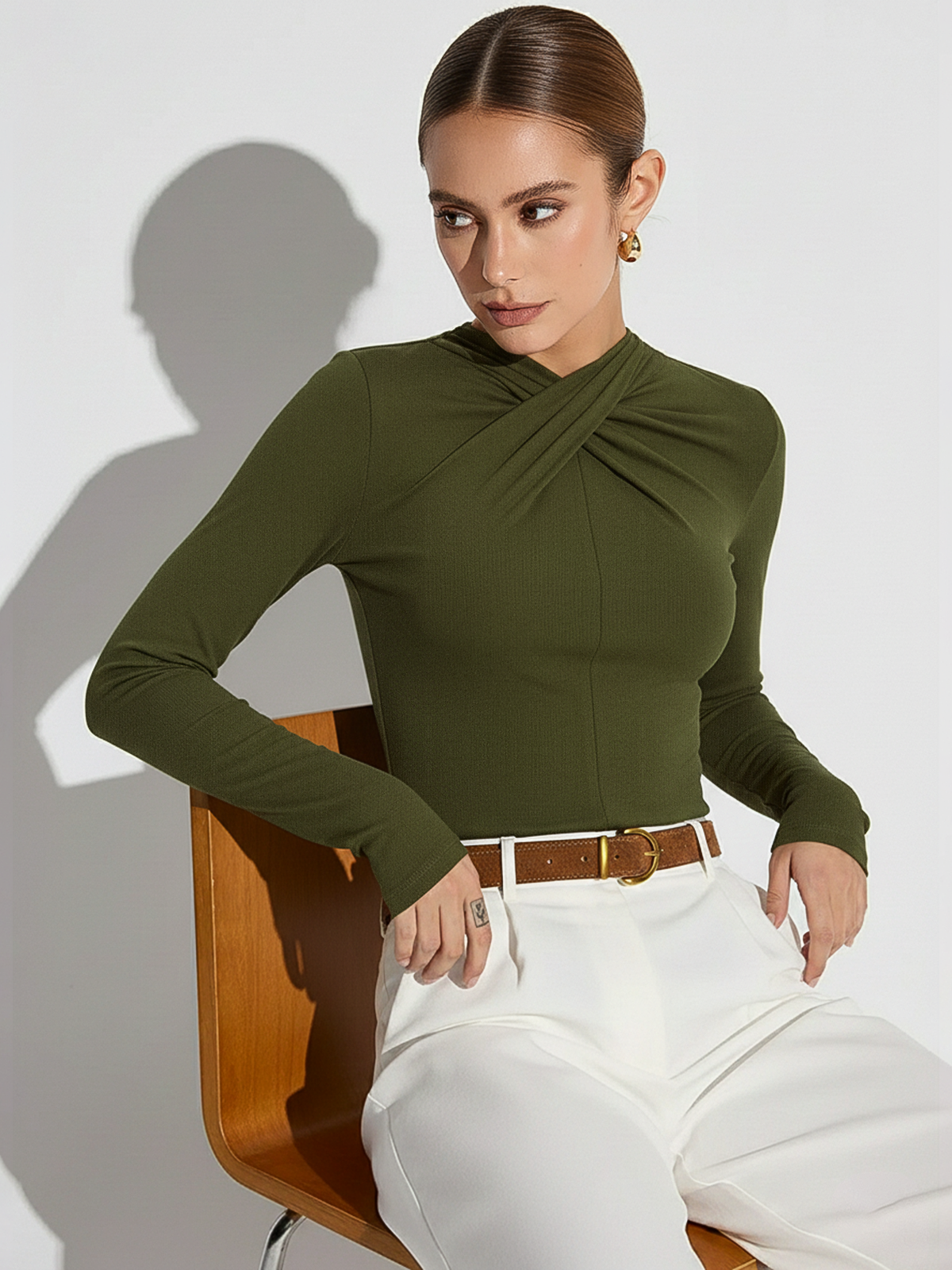 Twisted Front Detail Long Sleeve Knit Top Comfortable Lightweight Apparel